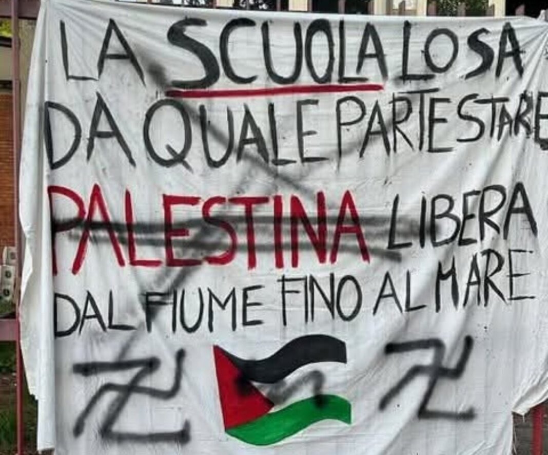Svastiche su striscione pro Palestina davanti a scuola, sindaco Falchi: 